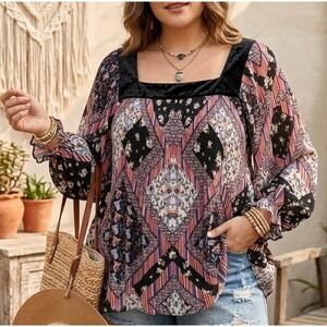 Melissa Paige Womens Velvet Trim Square Neck Tunic Top Sz 3X Flowy Boho Romantic